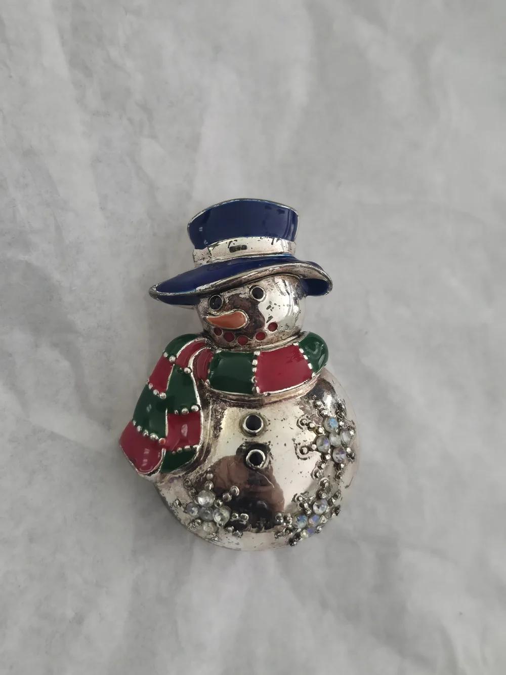Vintage Festive Snowman Brooch with Blue Hat and Red-Green Scarf